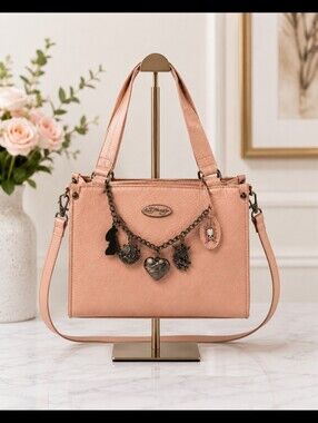 Ed Hardy - Charming Light Peach Colored Faux-Leather Tote with Charm Chain
